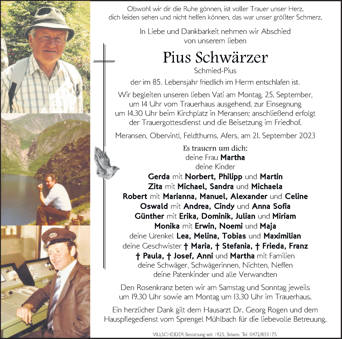  Traueranzeige für Pius Schwärzer vom 23.09.2023 aus Dolomiten