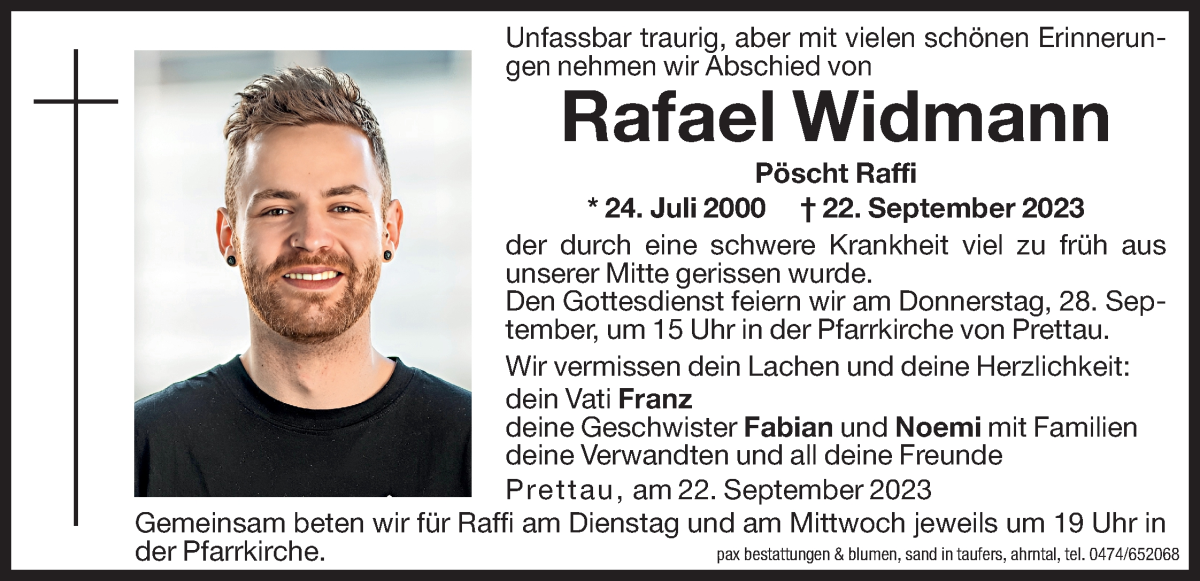  Traueranzeige für Rafael Widmann vom 26.09.2023 aus Dolomiten