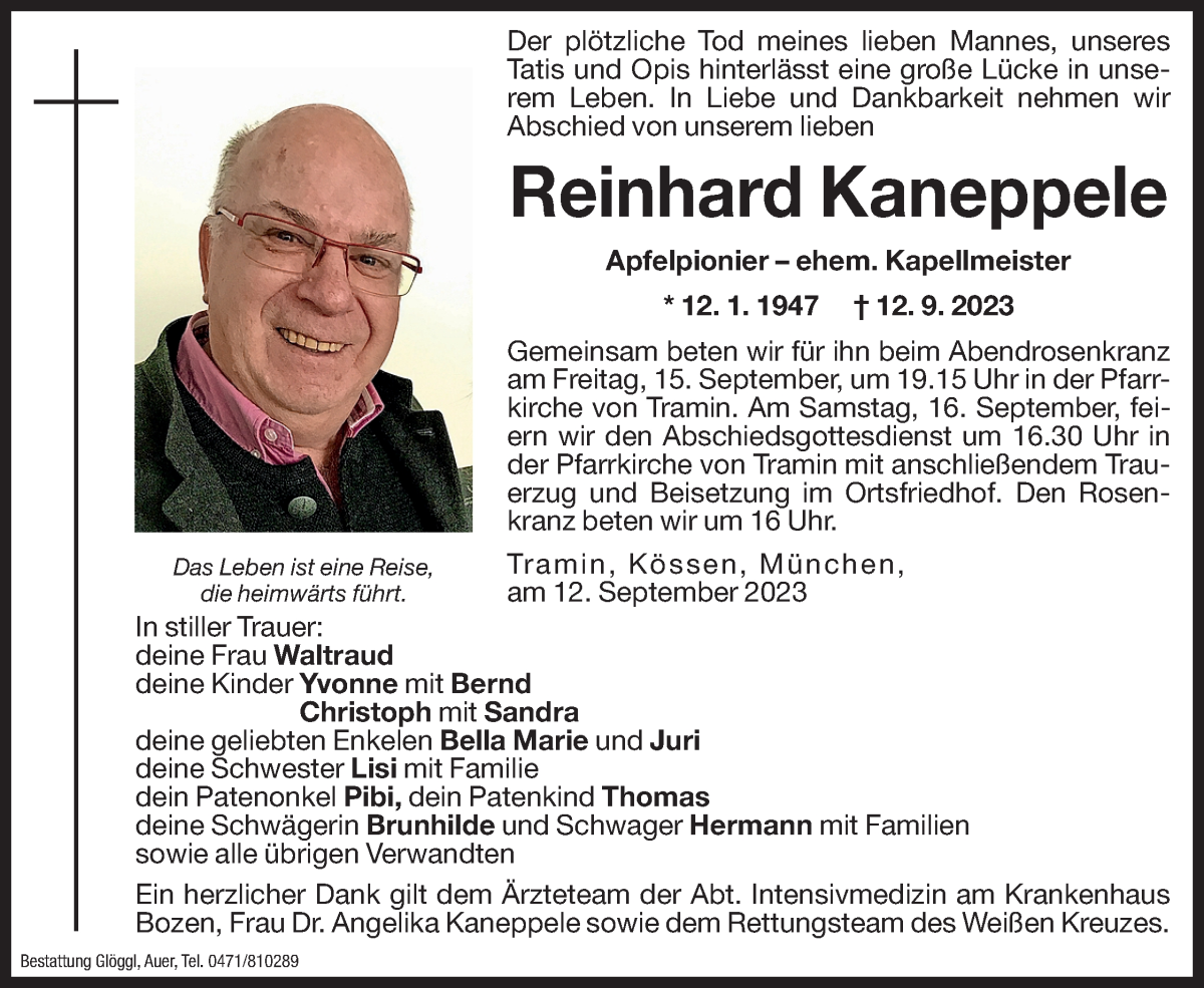  Traueranzeige für Reinhard Kaneppele vom 14.09.2023 aus Dolomiten