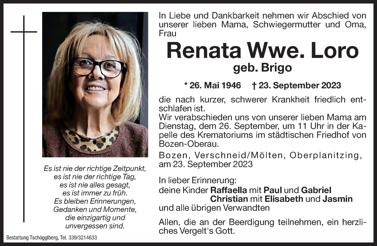  Traueranzeige für Renata Loro vom 25.09.2023 aus Dolomiten