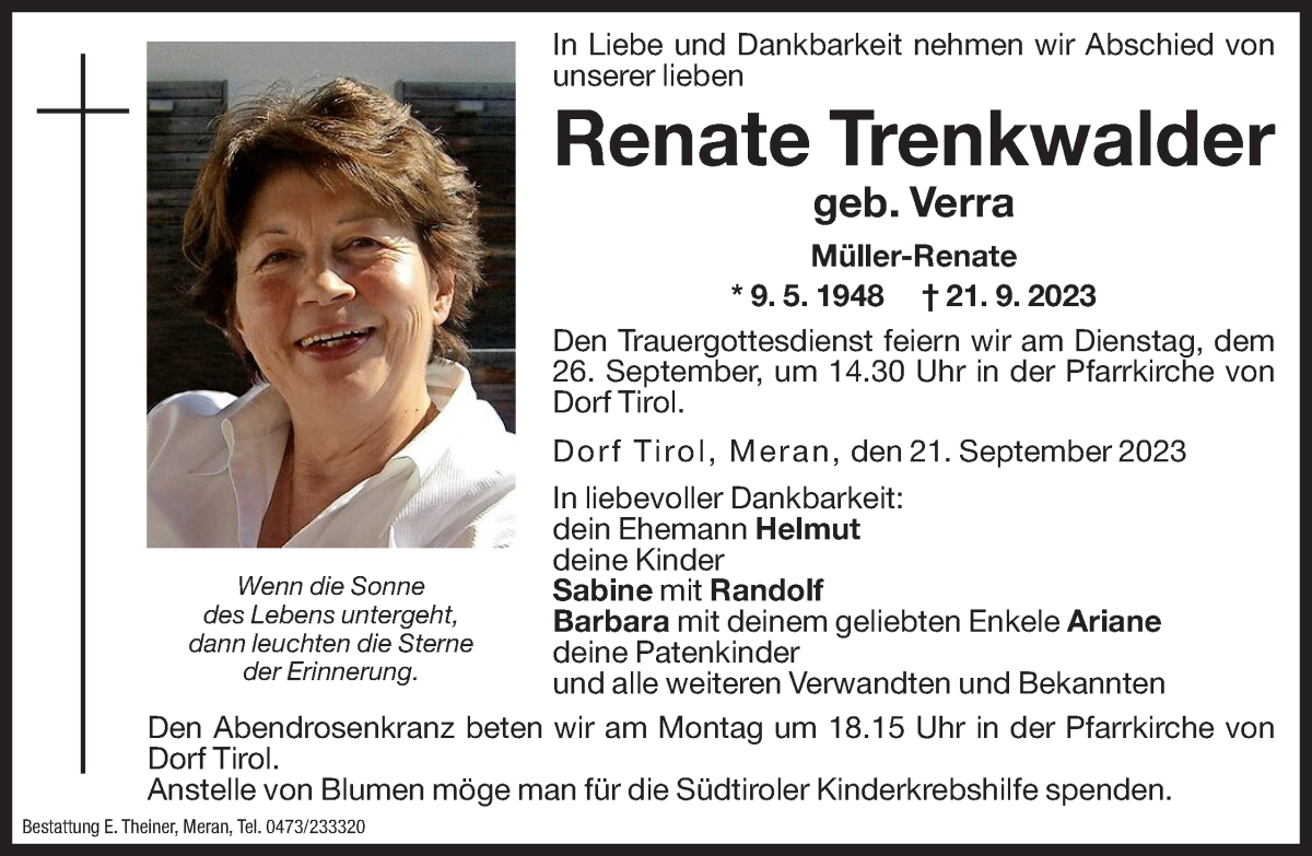  Traueranzeige für Renate Trenkwalder vom 23.09.2023 aus Dolomiten