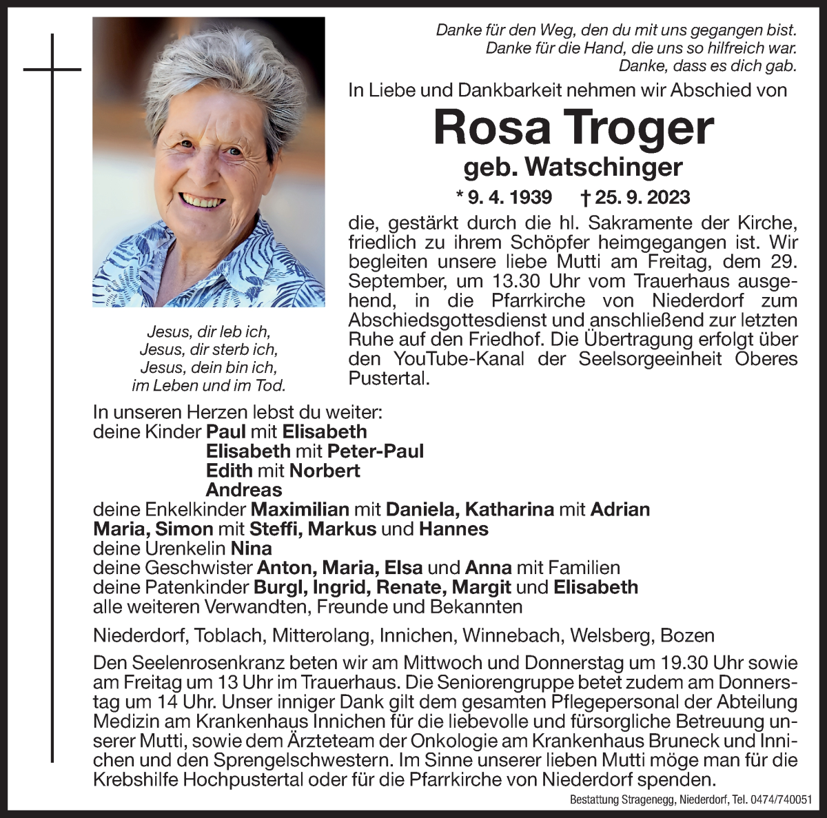  Traueranzeige für Rosa Troger vom 27.09.2023 aus Dolomiten