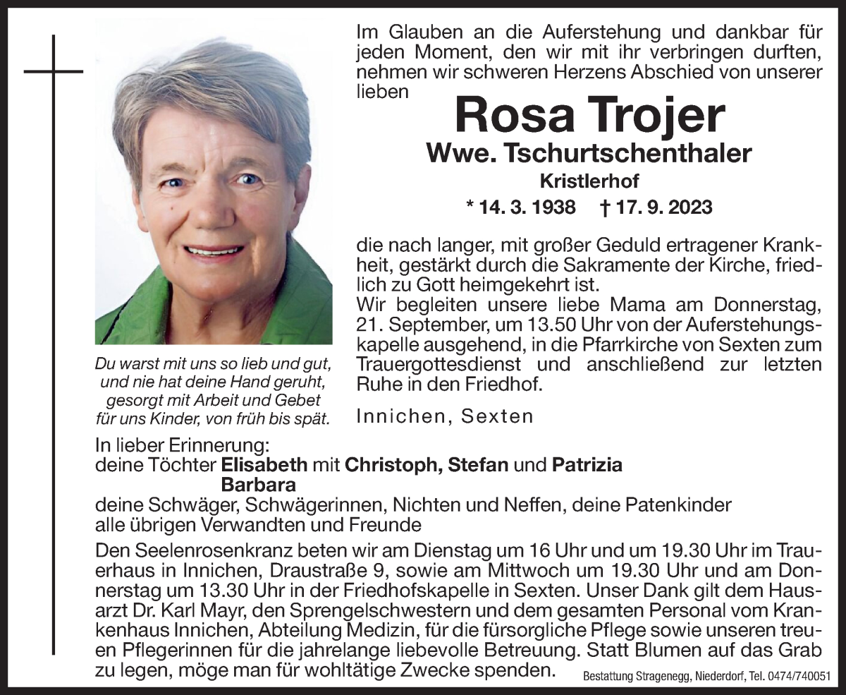  Traueranzeige für Rosa Tschurtschenthaler vom 19.09.2023 aus Dolomiten