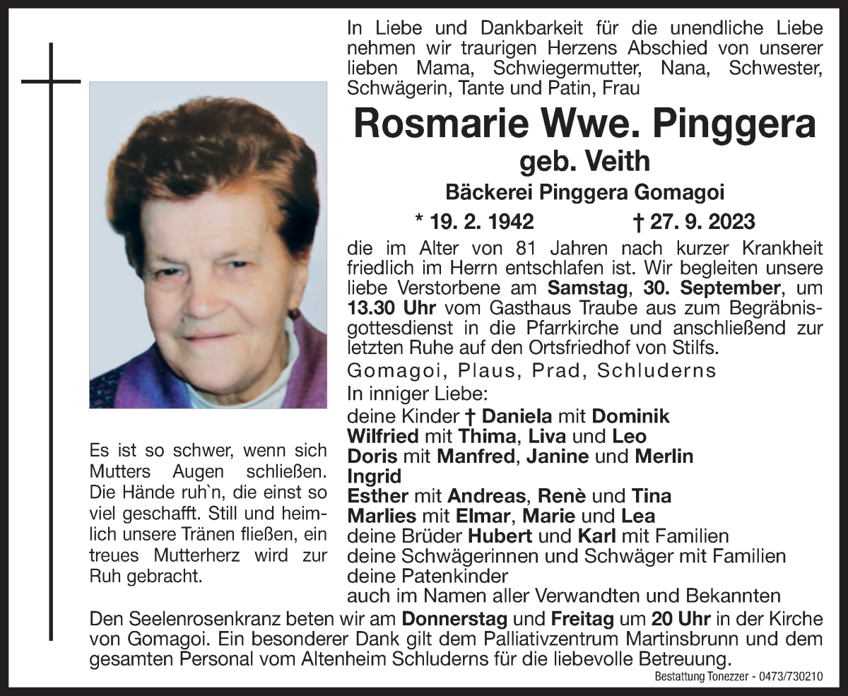  Traueranzeige für Rosmarie Pinggera vom 28.09.2023 aus Dolomiten