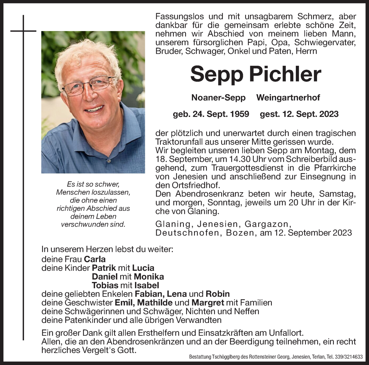  Traueranzeige für Sepp Pichler vom 16.09.2023 aus Dolomiten