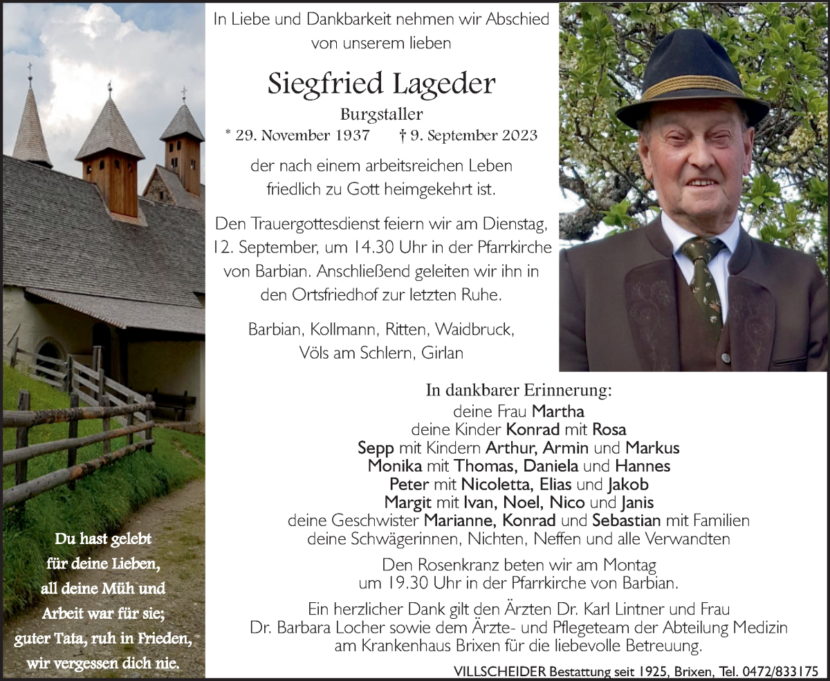  Traueranzeige für Siegfried Lageder vom 11.09.2023 aus Dolomiten