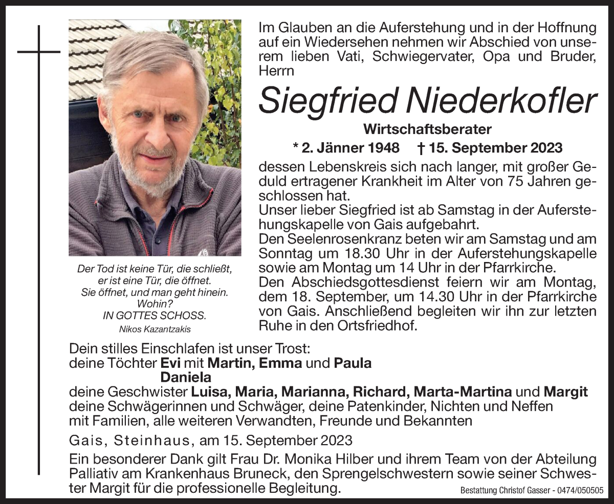  Traueranzeige für Siegfried Niederkofler vom 16.09.2023 aus Dolomiten