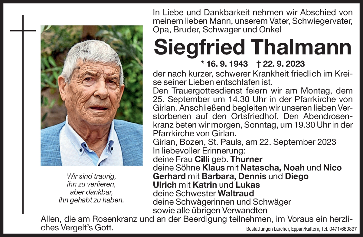  Traueranzeige für Siegfried Thalmann vom 23.09.2023 aus Dolomiten