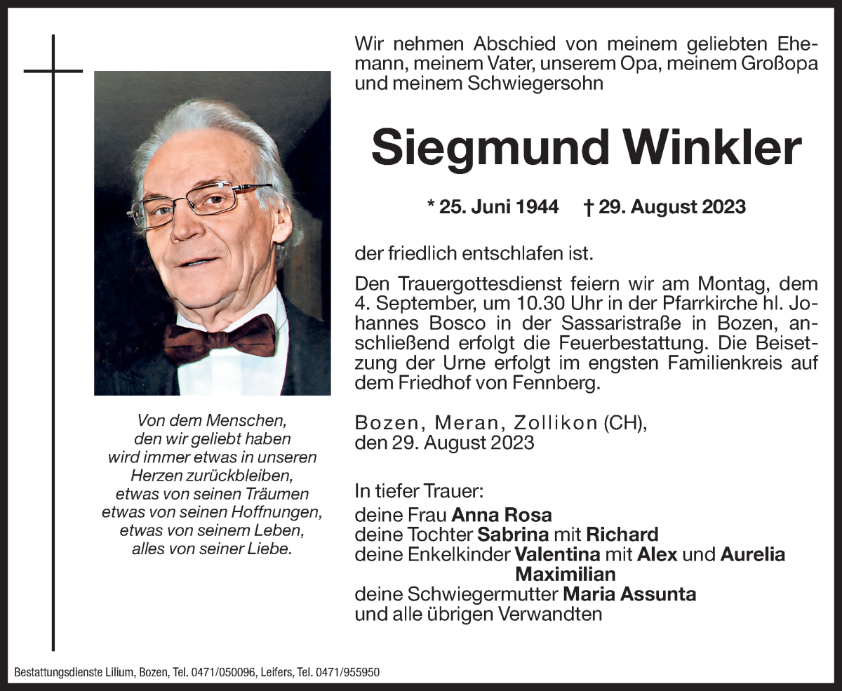  Traueranzeige für Siegmund Winkler vom 02.09.2023 aus Dolomiten