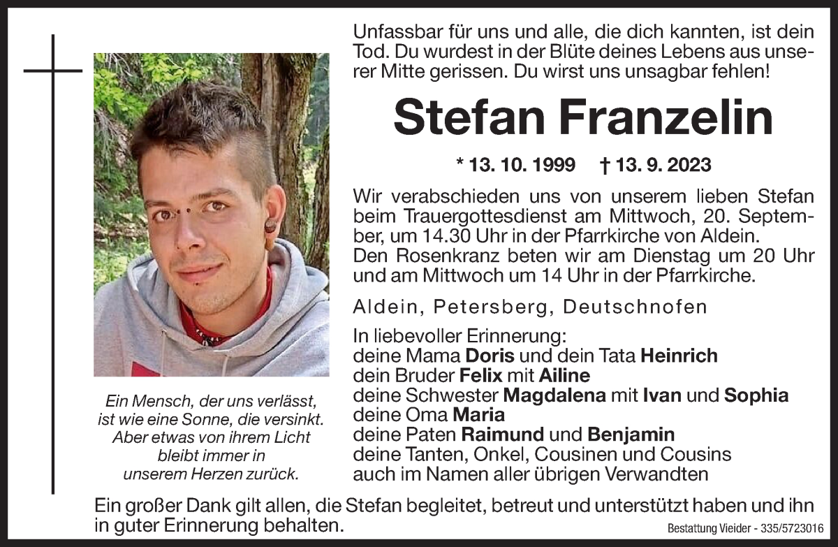  Traueranzeige für Stefan Franzelin vom 19.09.2023 aus Dolomiten