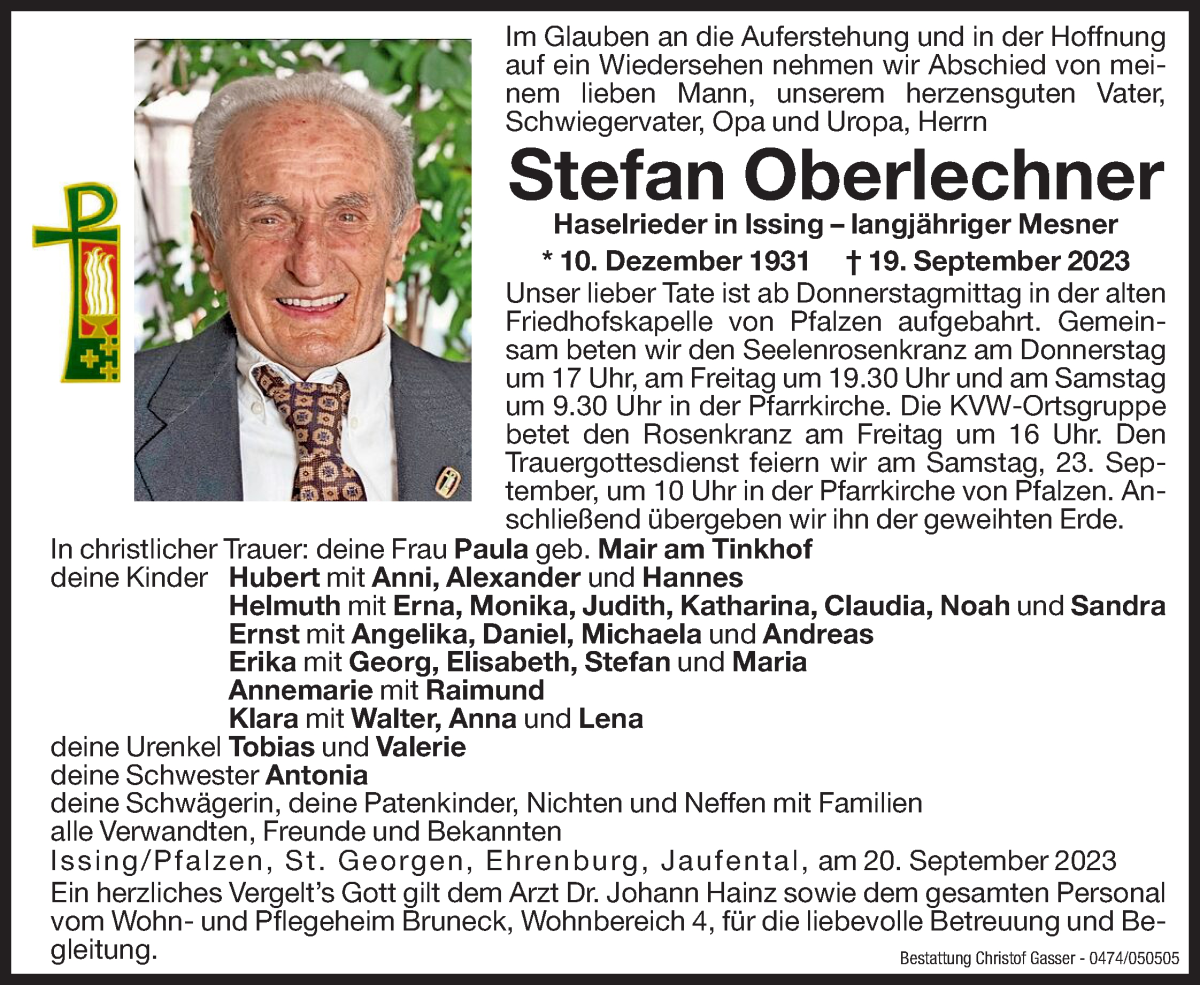  Traueranzeige für Stefan Oberlechner vom 22.09.2023 aus Dolomiten