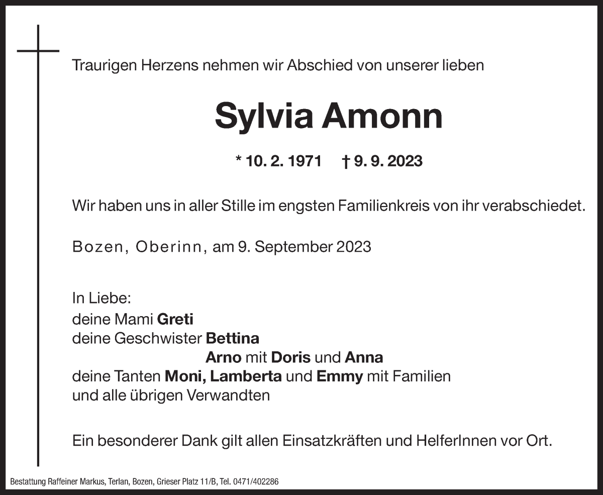  Traueranzeige für Sylvia Amonn vom 14.09.2023 aus Dolomiten