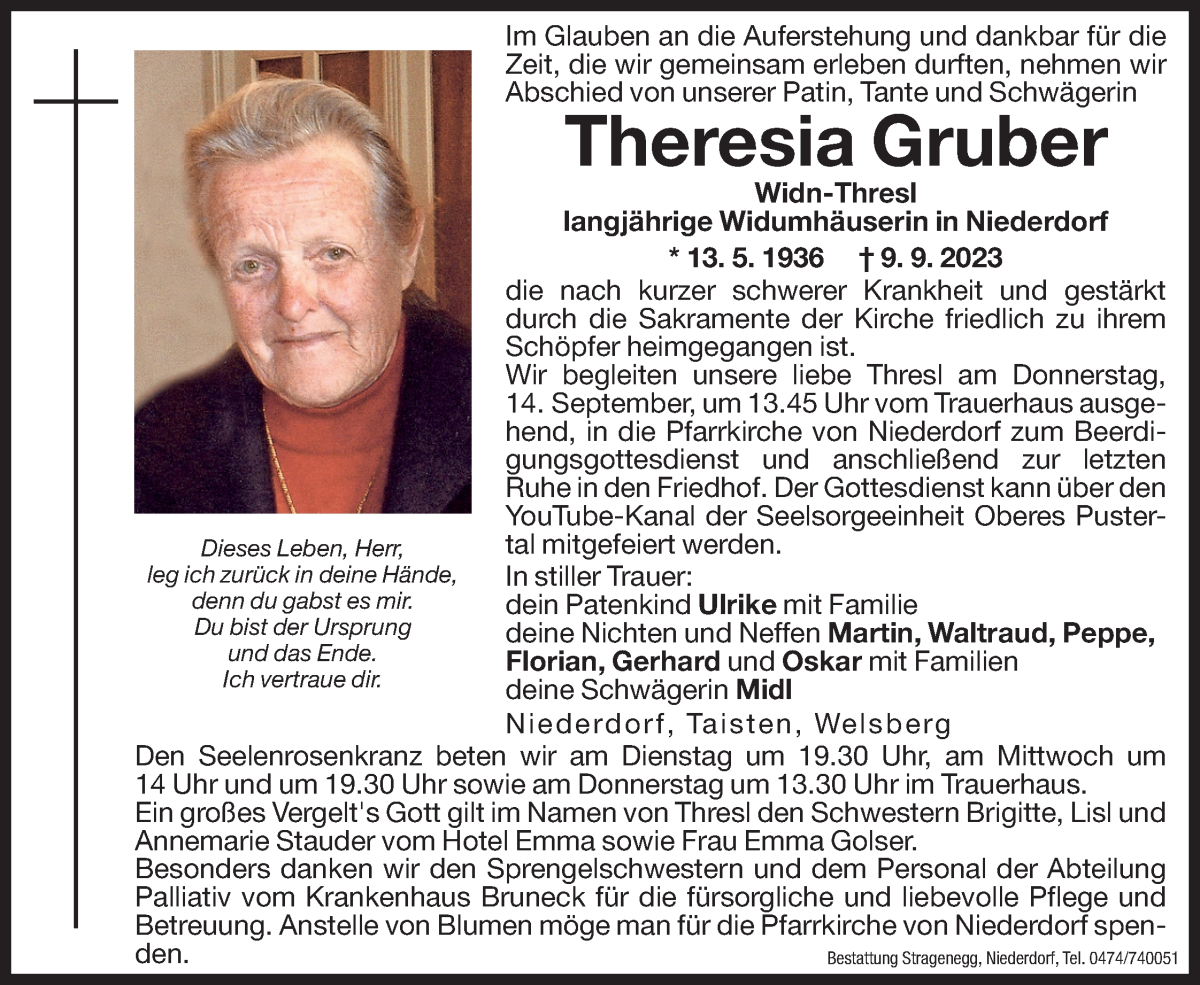  Traueranzeige für Theresia Gruber vom 12.09.2023 aus Dolomiten