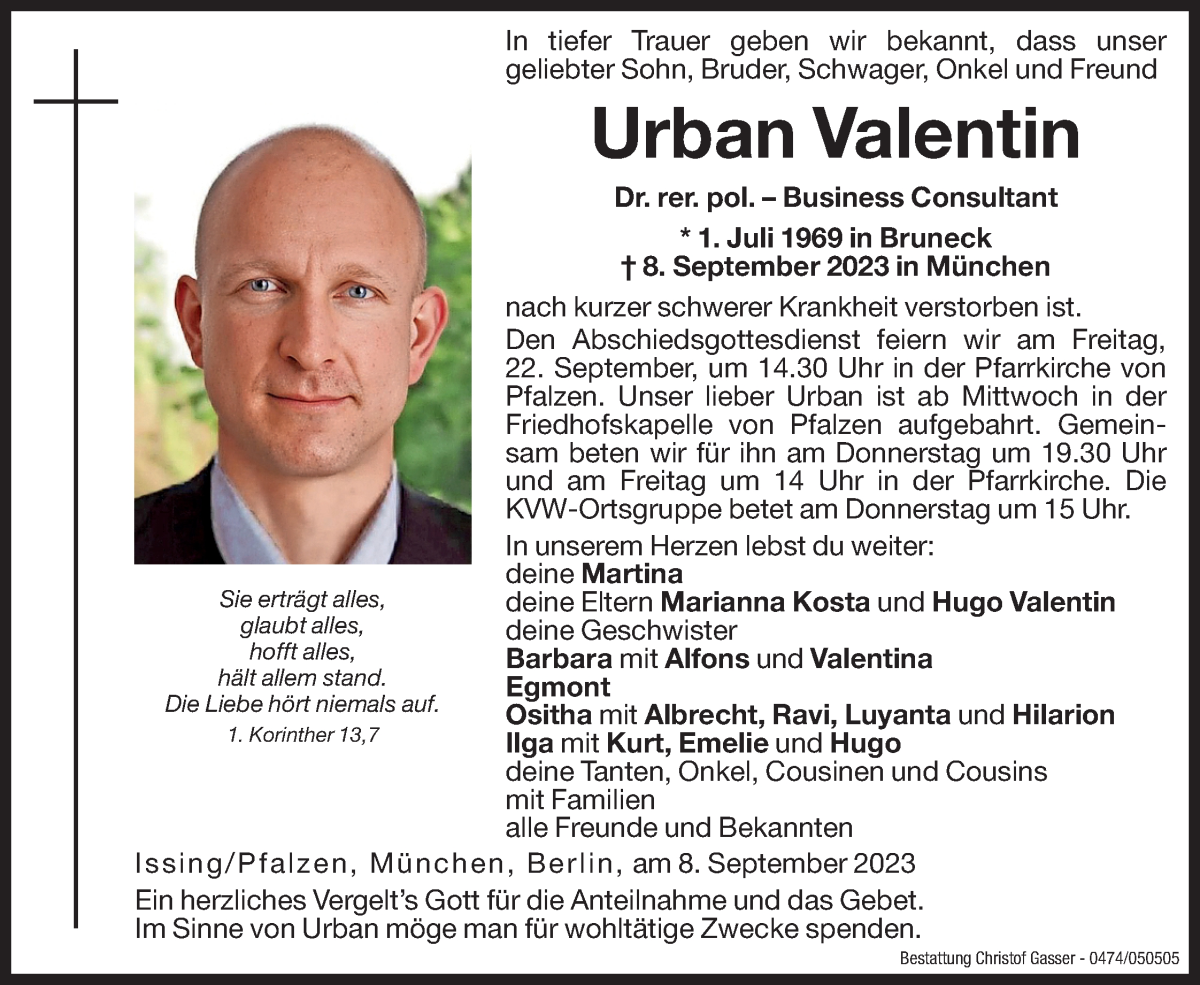  Traueranzeige für Urban Valentin vom 20.09.2023 aus Dolomiten