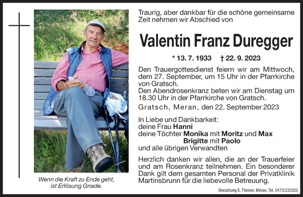 Traueranzeige von Valentin Franz Duregger von Dolomiten