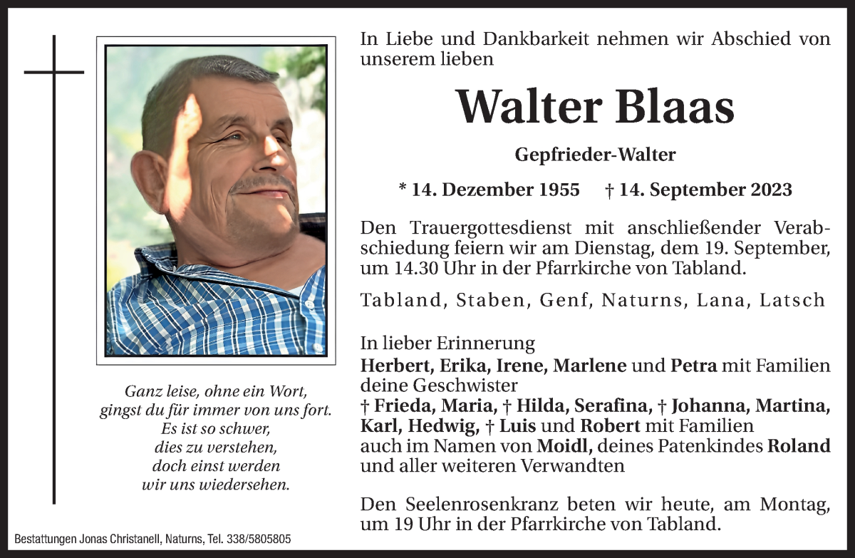  Traueranzeige für Walter Blaas vom 18.09.2023 aus Dolomiten