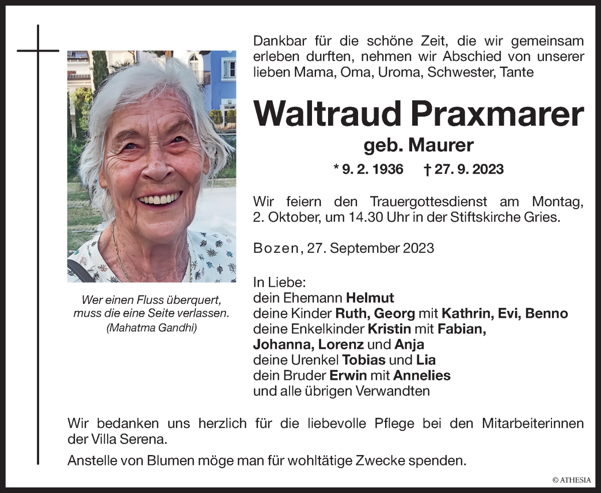  Traueranzeige für Waltraud Praxmarer vom 29.09.2023 aus Dolomiten