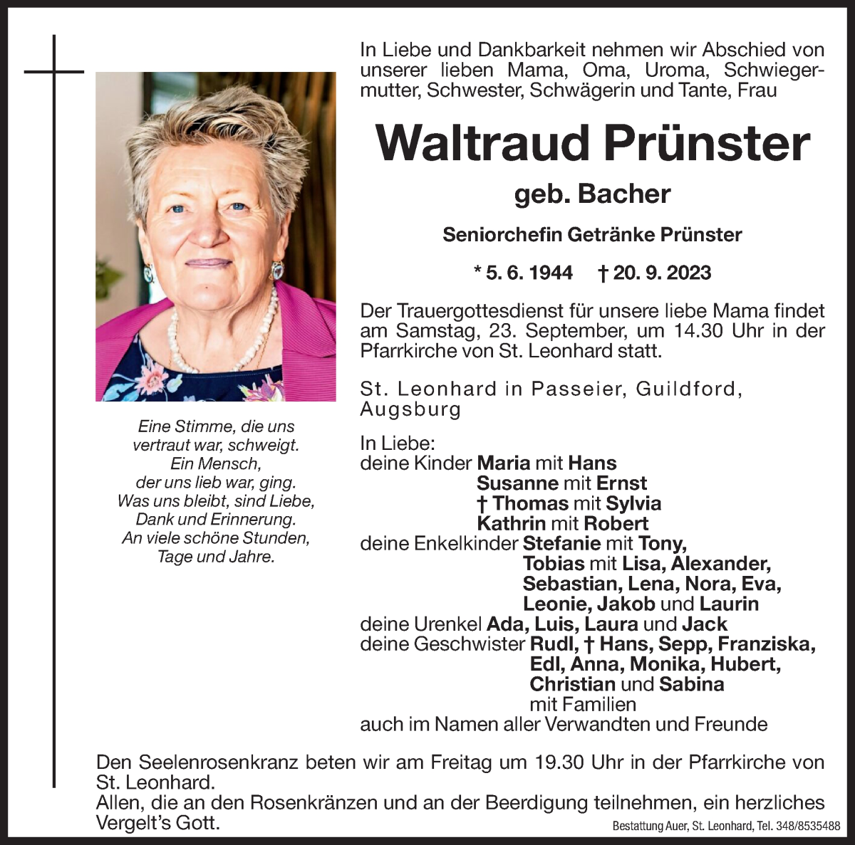  Traueranzeige für Waltraud Prünster vom 22.09.2023 aus Dolomiten