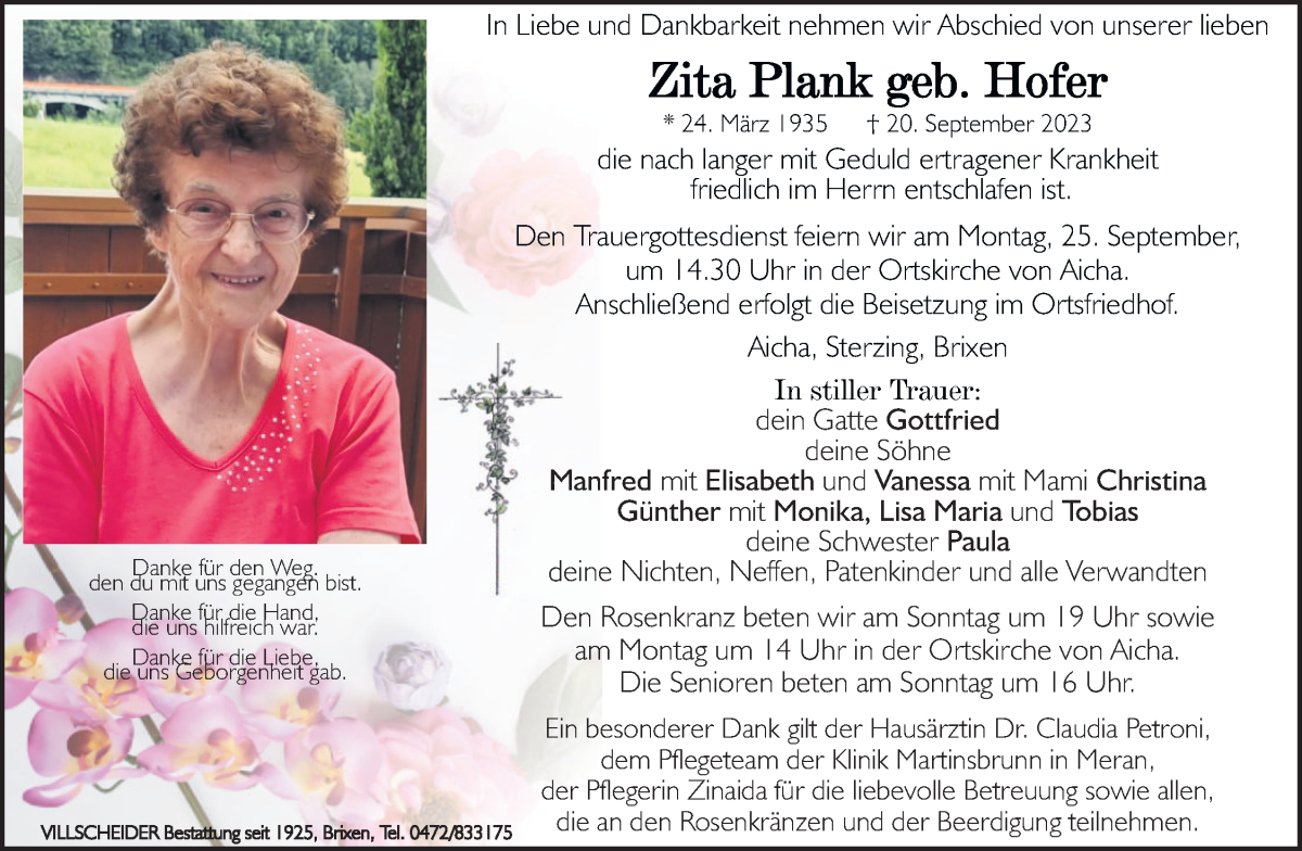  Traueranzeige für Zita Plank vom 22.09.2023 aus Dolomiten