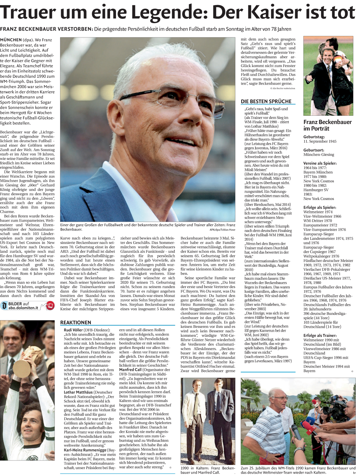  Traueranzeige für Franz Beckenbauer vom 09.01.2024 aus Dolomiten