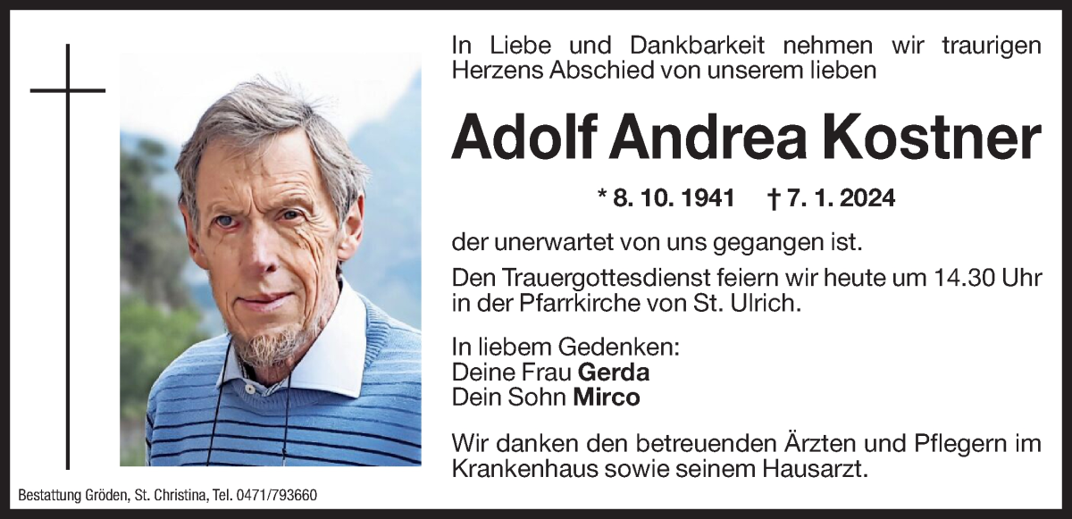  Traueranzeige für Adolf Andrea Kostner vom 09.01.2024 aus Dolomiten