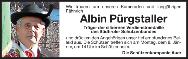 Traueranzeige von Albin Pürgstaller von Dolomiten
