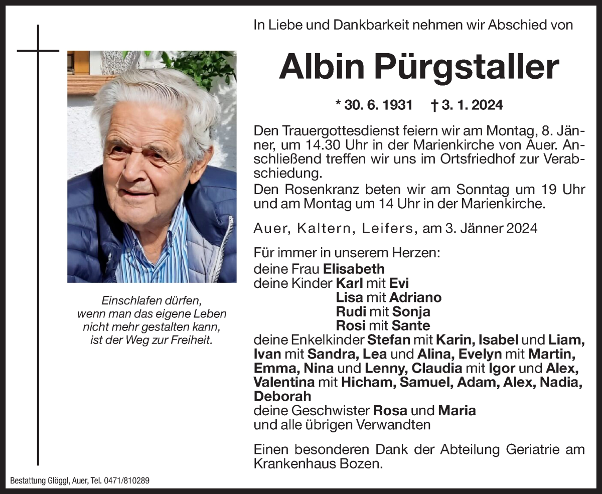  Traueranzeige für Albin Pürgstaller vom 05.01.2024 aus Dolomiten