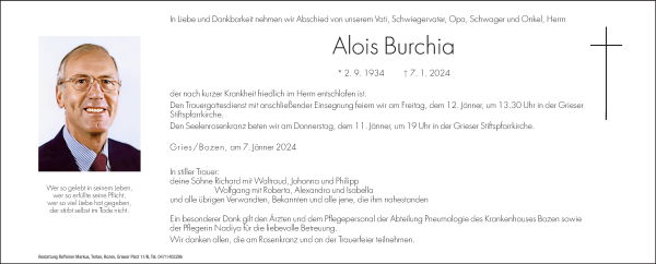 Traueranzeige von Alois Burchia von Dolomiten
