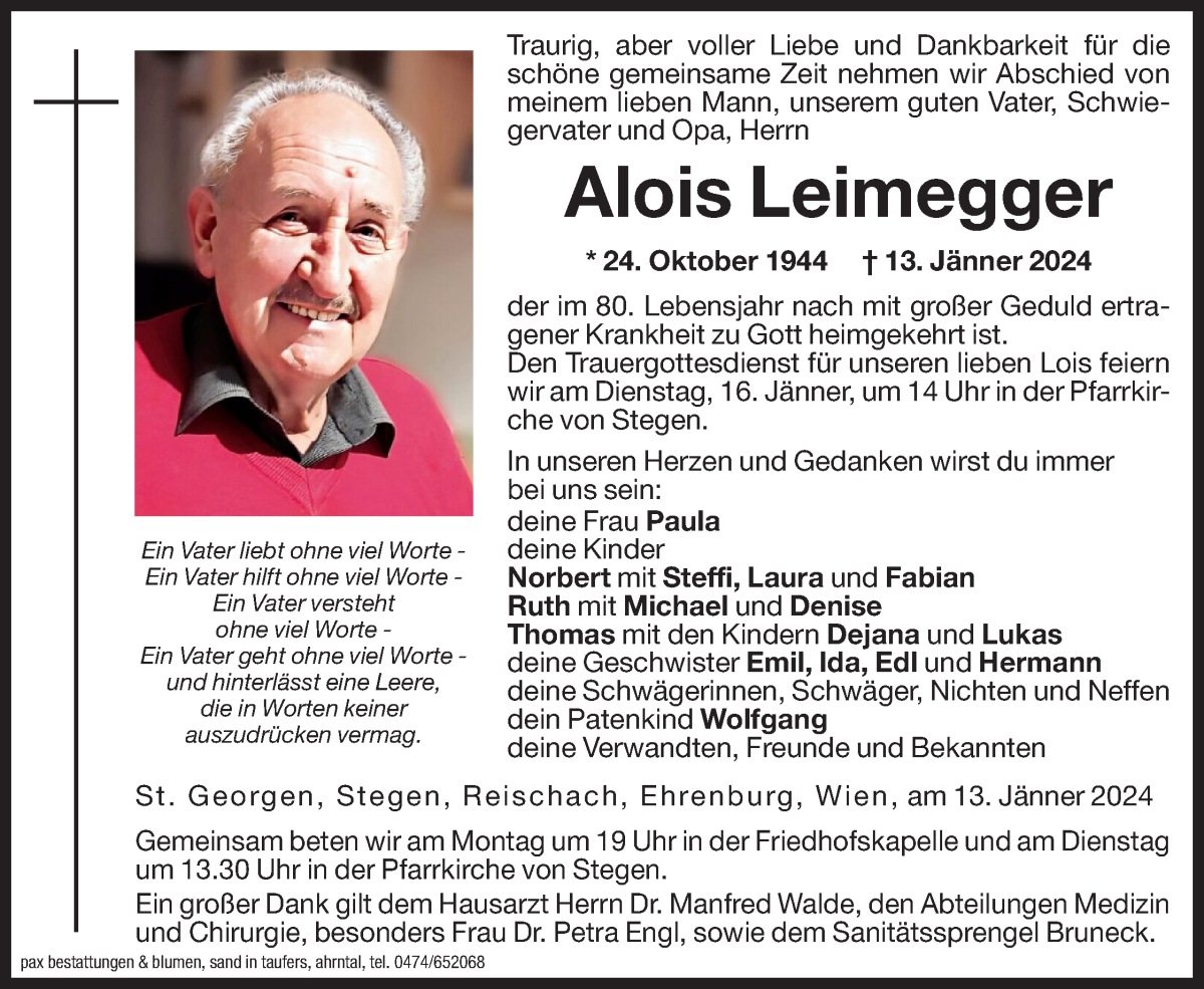  Traueranzeige für Alois Leimegger vom 15.01.2024 aus Dolomiten