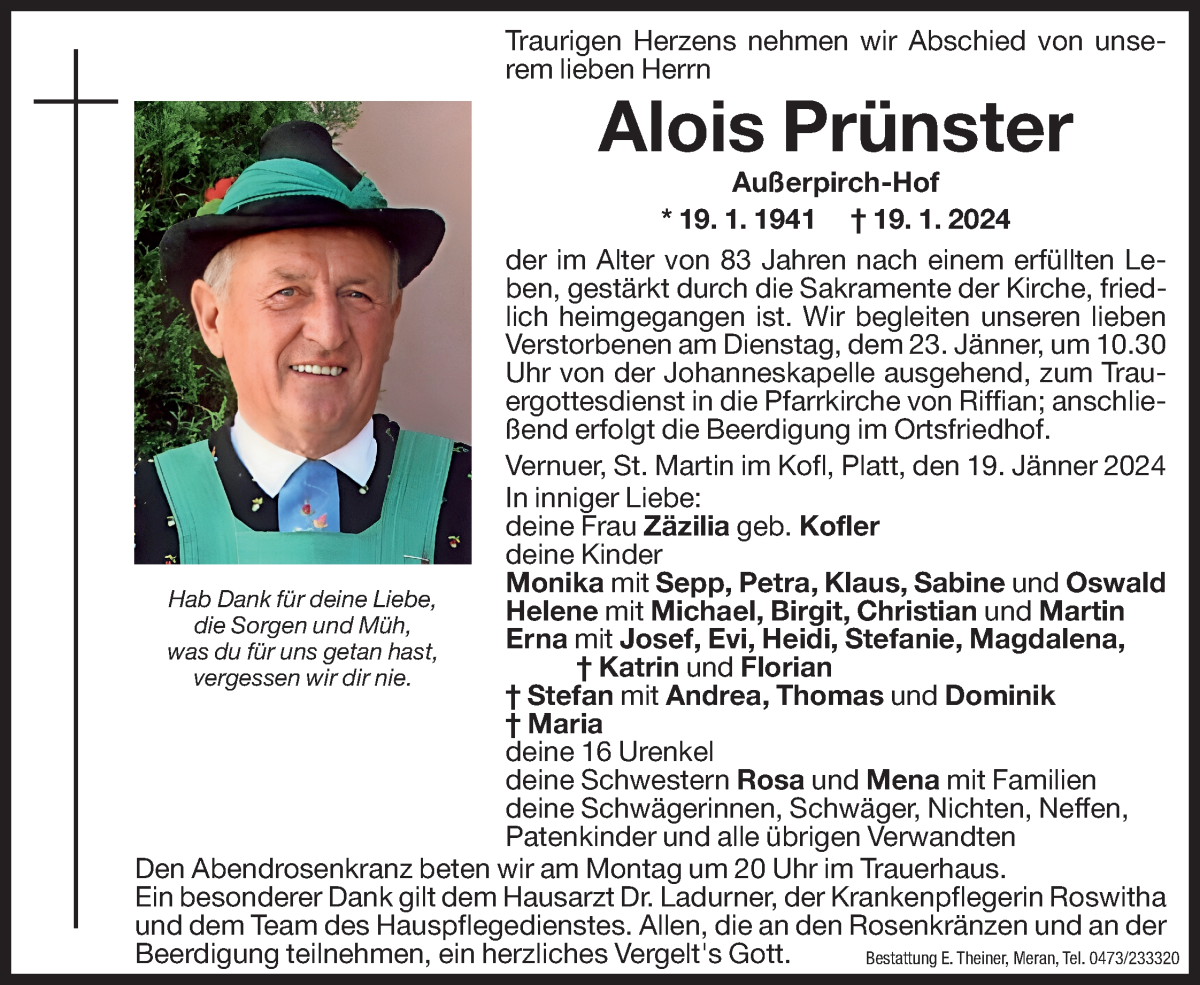  Traueranzeige für Alois Prünster vom 22.01.2024 aus Dolomiten