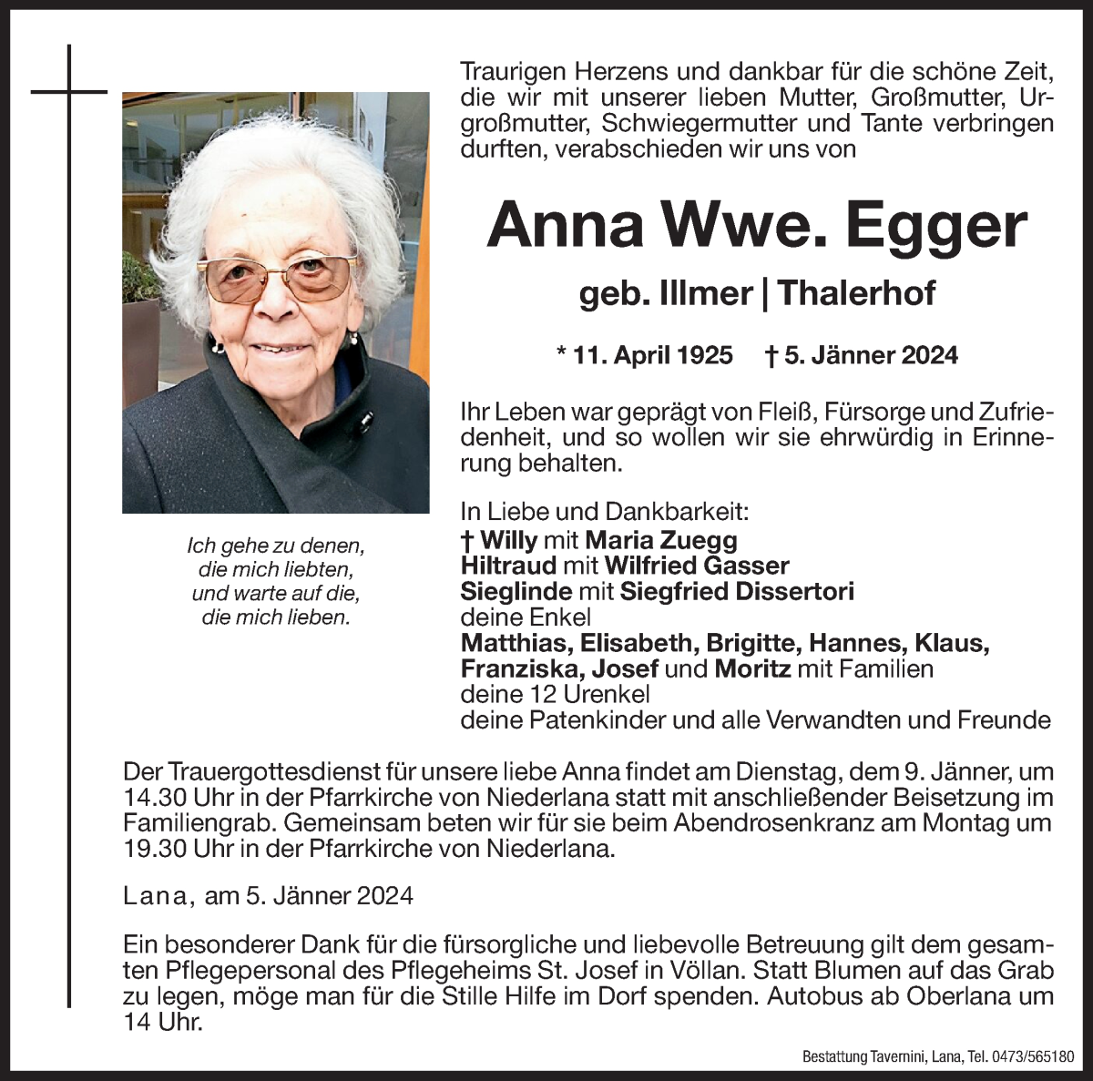  Traueranzeige für Anna Egger vom 08.01.2024 aus Dolomiten