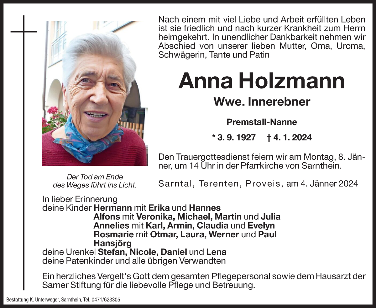  Traueranzeige für Anna Innerebner vom 08.01.2024 aus Dolomiten