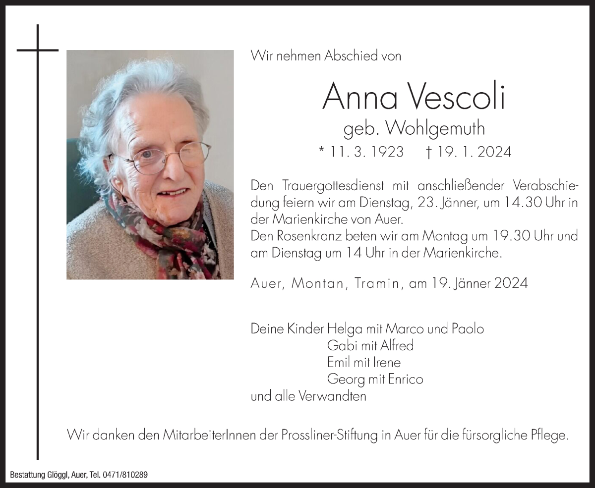  Traueranzeige für Anna Vescoli vom 20.01.2024 aus Dolomiten