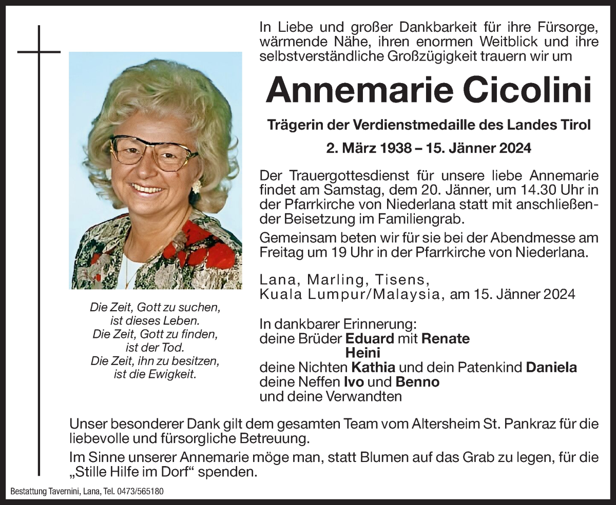  Traueranzeige für Annemarie Cicolini vom 18.01.2024 aus Dolomiten