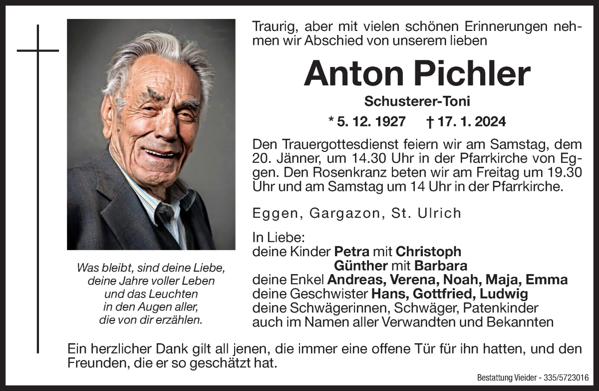  Traueranzeige für Anton Pichler vom 18.01.2024 aus Dolomiten