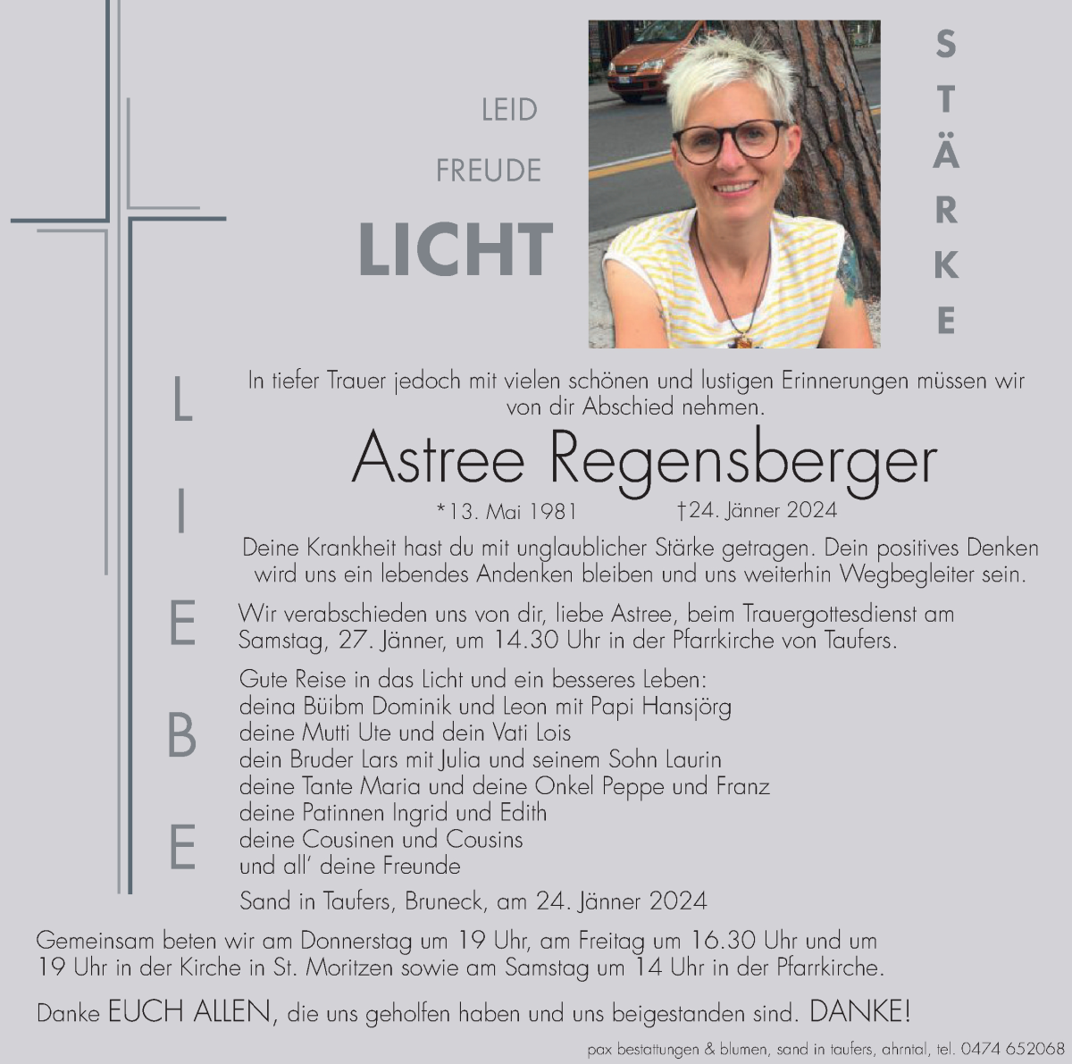  Traueranzeige für Astree Regensberger vom 25.01.2024 aus Dolomiten