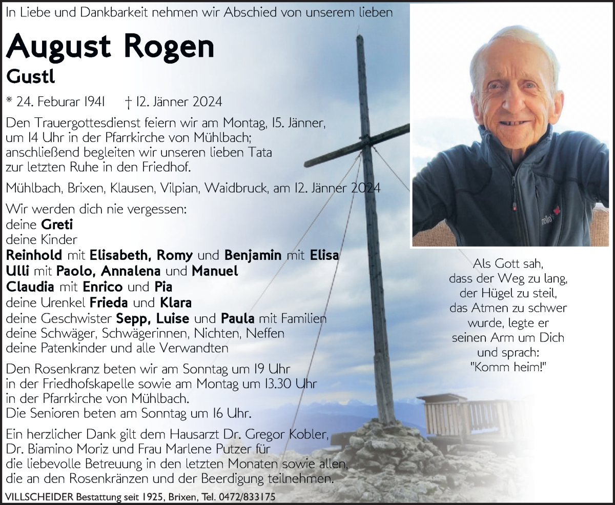  Traueranzeige für August Rogen vom 13.01.2024 aus Dolomiten