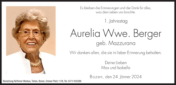 Traueranzeige von Aurelia Berger von Dolomiten