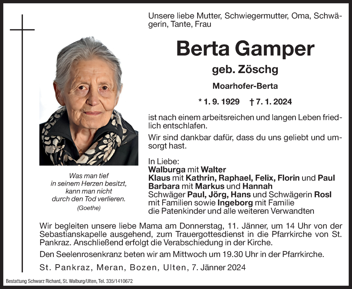  Traueranzeige für Berta Gamper vom 09.01.2024 aus Dolomiten