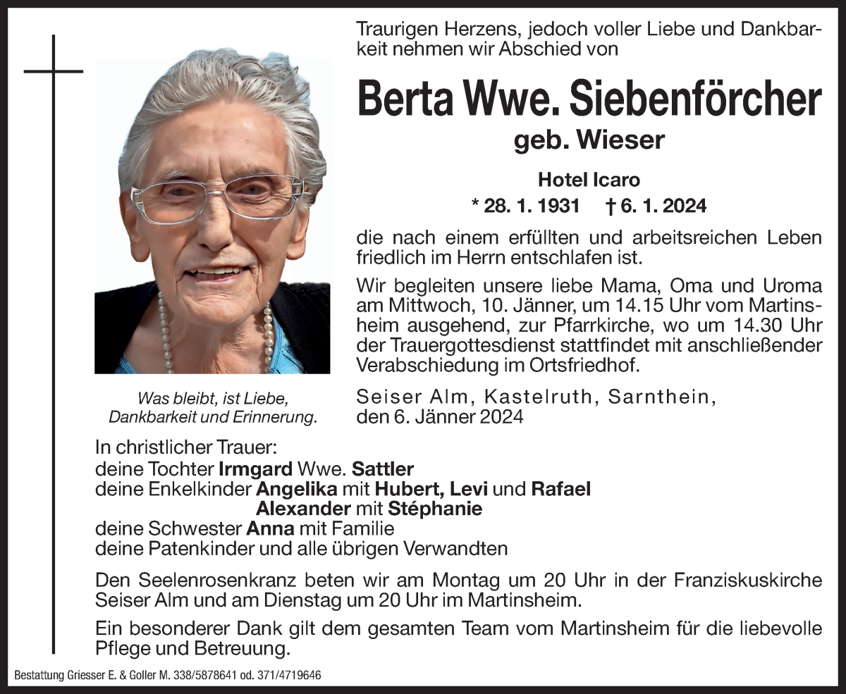  Traueranzeige für Berta Siebenförcher vom 08.01.2024 aus Dolomiten