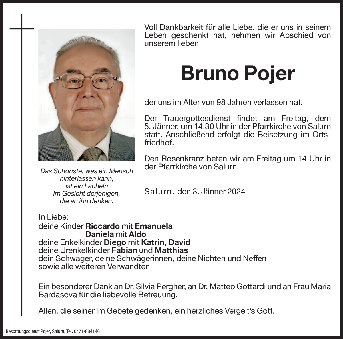  Traueranzeige für Bruno Pojer vom 04.01.2024 aus Dolomiten