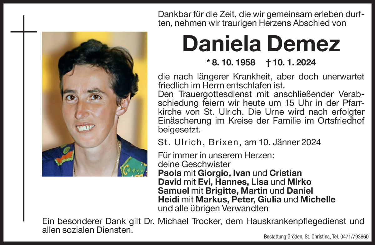  Traueranzeige für Daniela Demez vom 11.01.2024 aus Dolomiten