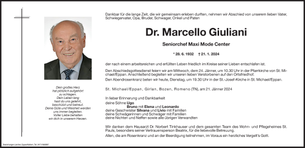 Traueranzeige von Dr. Marcello Giuliani von Dolomiten