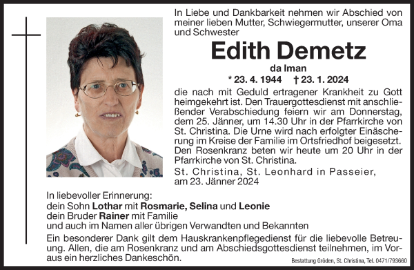 Traueranzeige von Edith Demetz von Dolomiten
