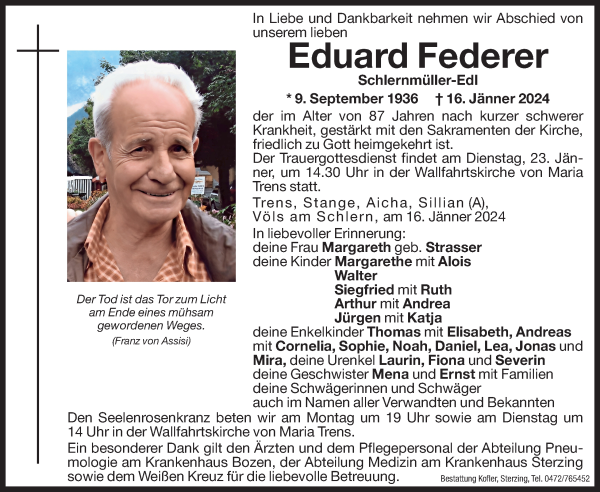 Traueranzeige von Eduard Federer von Dolomiten