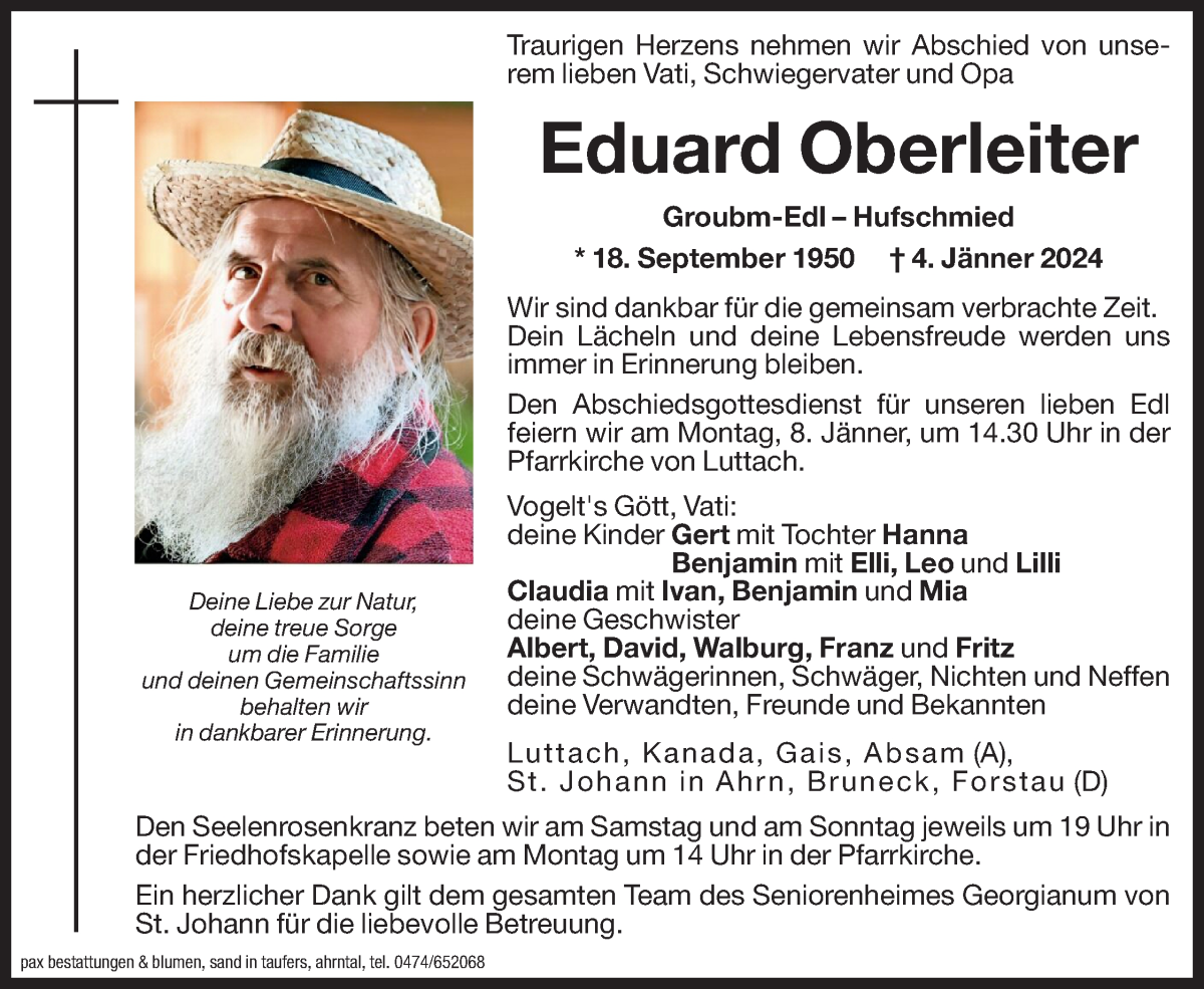  Traueranzeige für Eduard Oberleiter vom 05.01.2024 aus Dolomiten