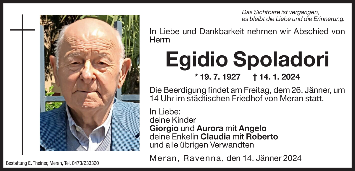  Traueranzeige für Egidio Spoladori vom 23.01.2024 aus Dolomiten