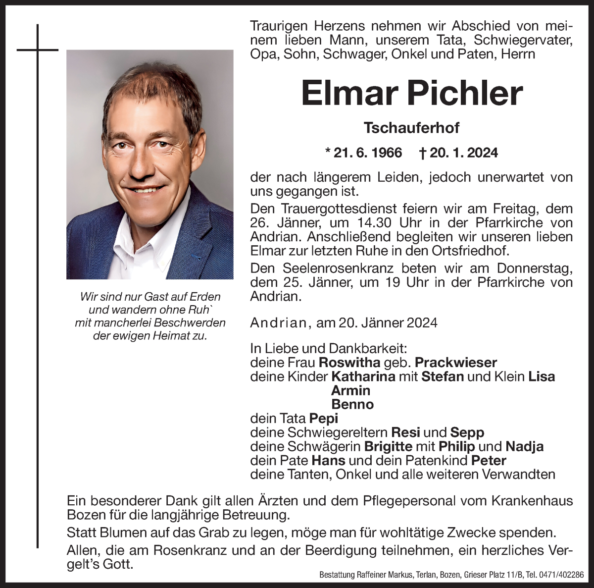  Traueranzeige für Elmar Pichler vom 23.01.2024 aus Dolomiten