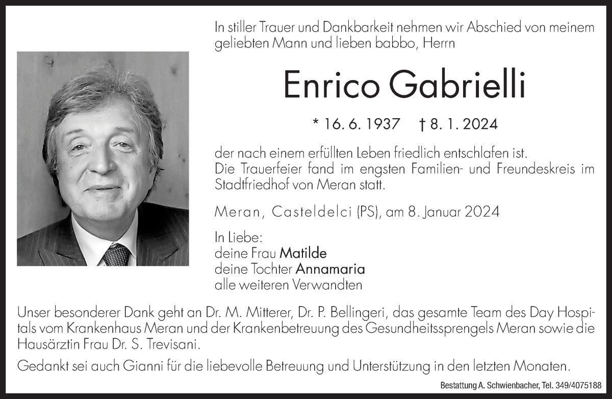  Traueranzeige für Enrico Gabrielli vom 13.01.2024 aus Dolomiten