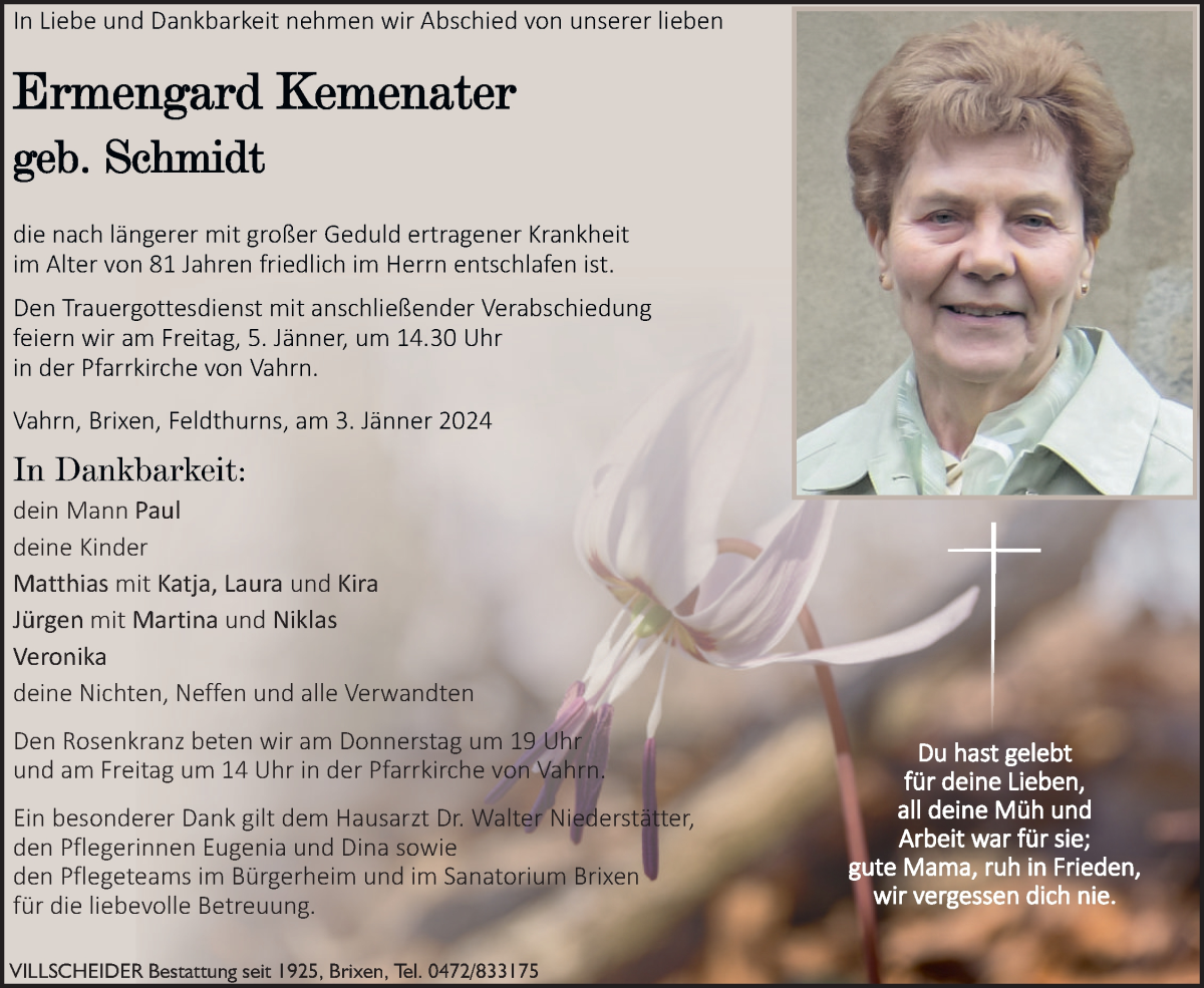  Traueranzeige für Ermengard Kemenater vom 04.01.2024 aus Dolomiten